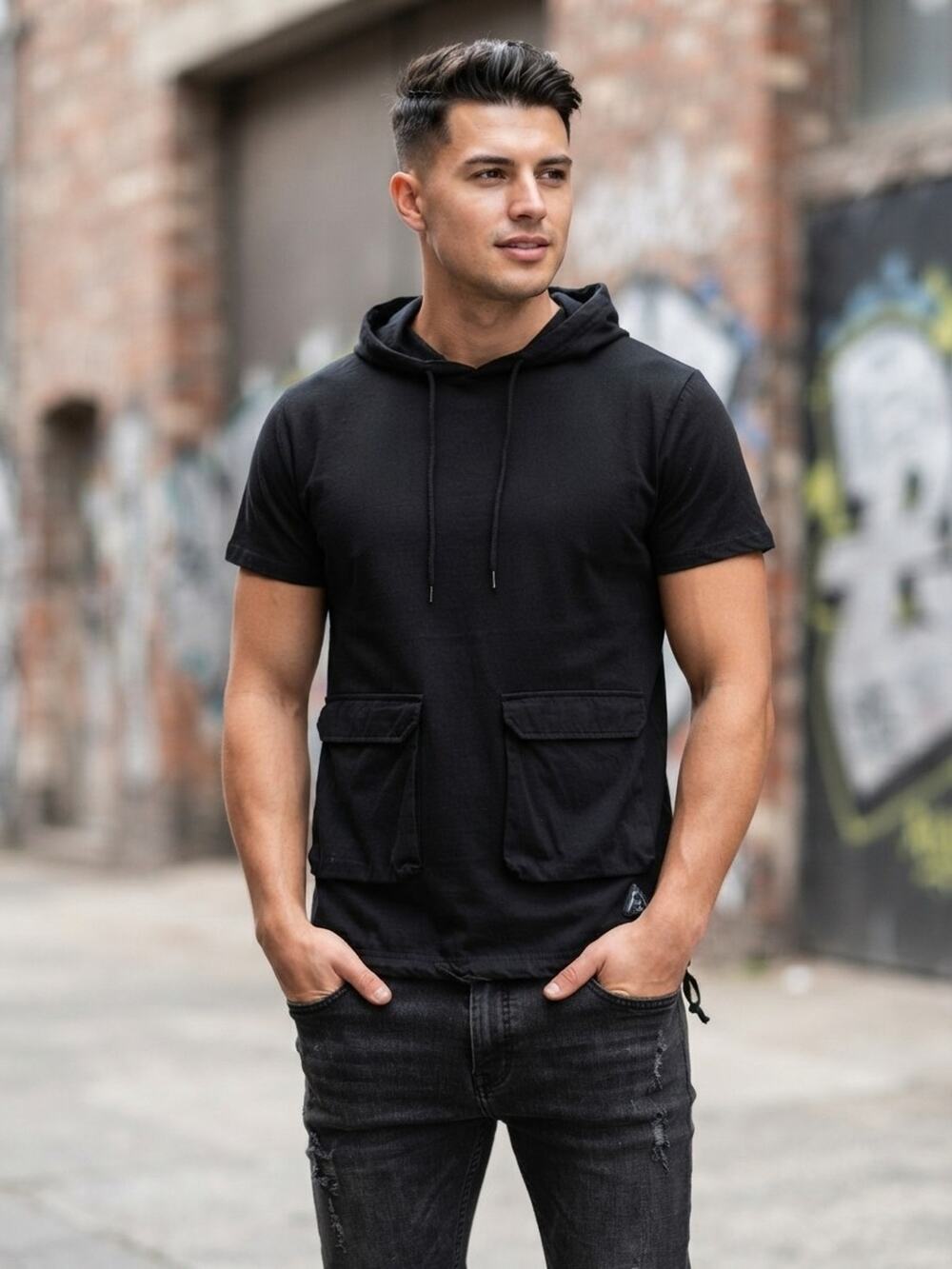 American Stitch Men Short Sleeve Hoodie Black Cargo Pockets Drawstring Size L